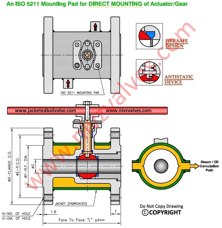Dimensions of Sulfur Steam Jacketed Ball Valve Flanged End Lever Operated 